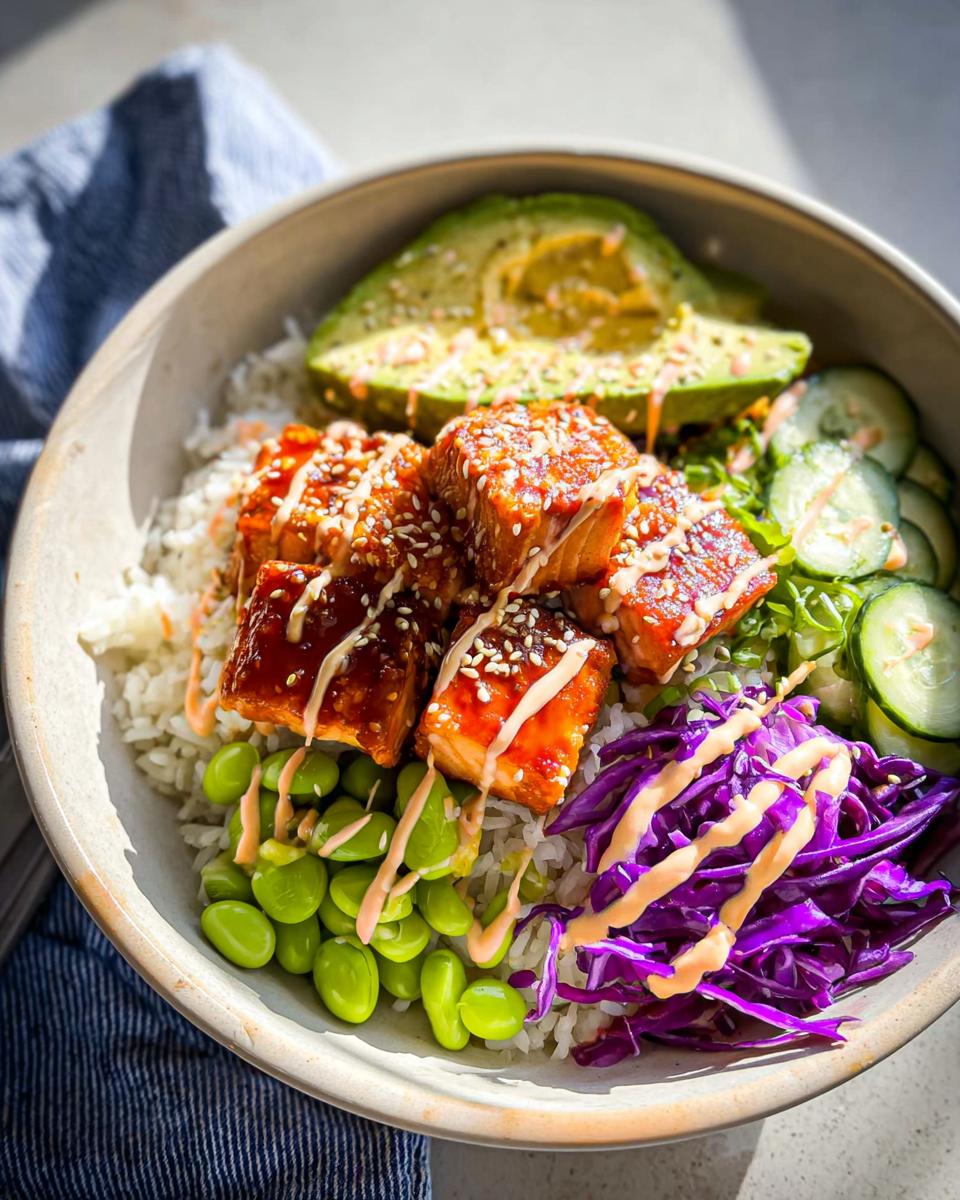 A delicious Crispy Salmon and Rice Bowl with glazed salmon, avocado, edamame, cucumber, and red cabbage.