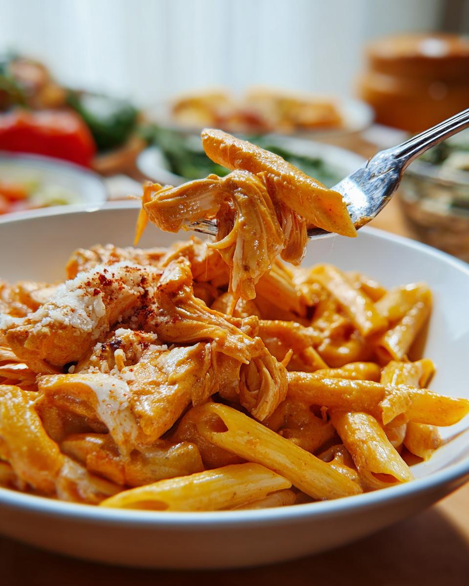 A fork lifting a portion of Crock Pot Creamy Cajun Chicken Pasta from a white bowl, showing penne pasta and shredded chicken in a creamy sauce.