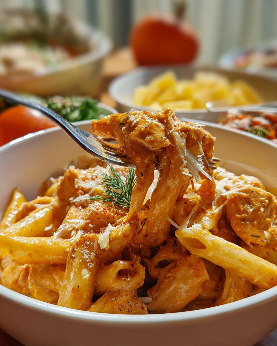 A fork lifts a generous portion of Crock Pot Creamy Cajun Chicken Pasta, showing tender chicken and penne coated in a rich, orange sauce.