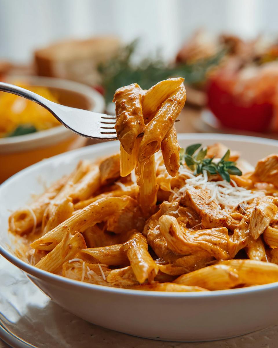 A fork lifts a portion of Crock Pot Creamy Cajun Chicken Pasta from a white bowl, showing penne pasta coated in a rich sauce with chicken pieces.
