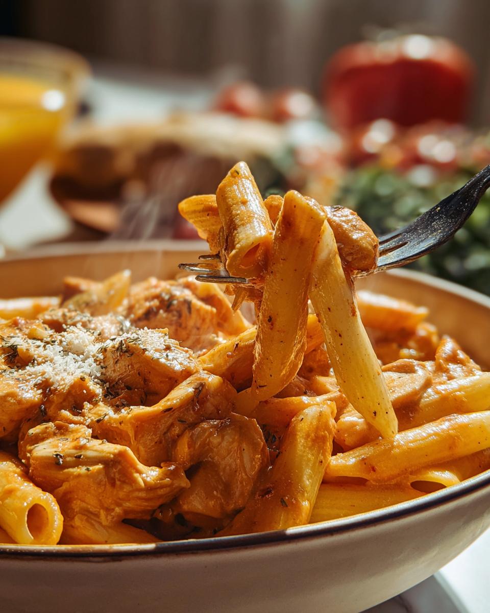 A fork lifts a portion of Crock Pot Creamy Cajun Chicken Pasta, showing penne noodles coated in a rich sauce with tender chicken pieces.