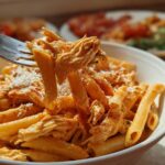 A fork lifts a portion of Crock Pot Creamy Cajun Chicken Pasta from a white bowl, showing penne pasta coated in a rich, orange sauce with shredded chicken.
