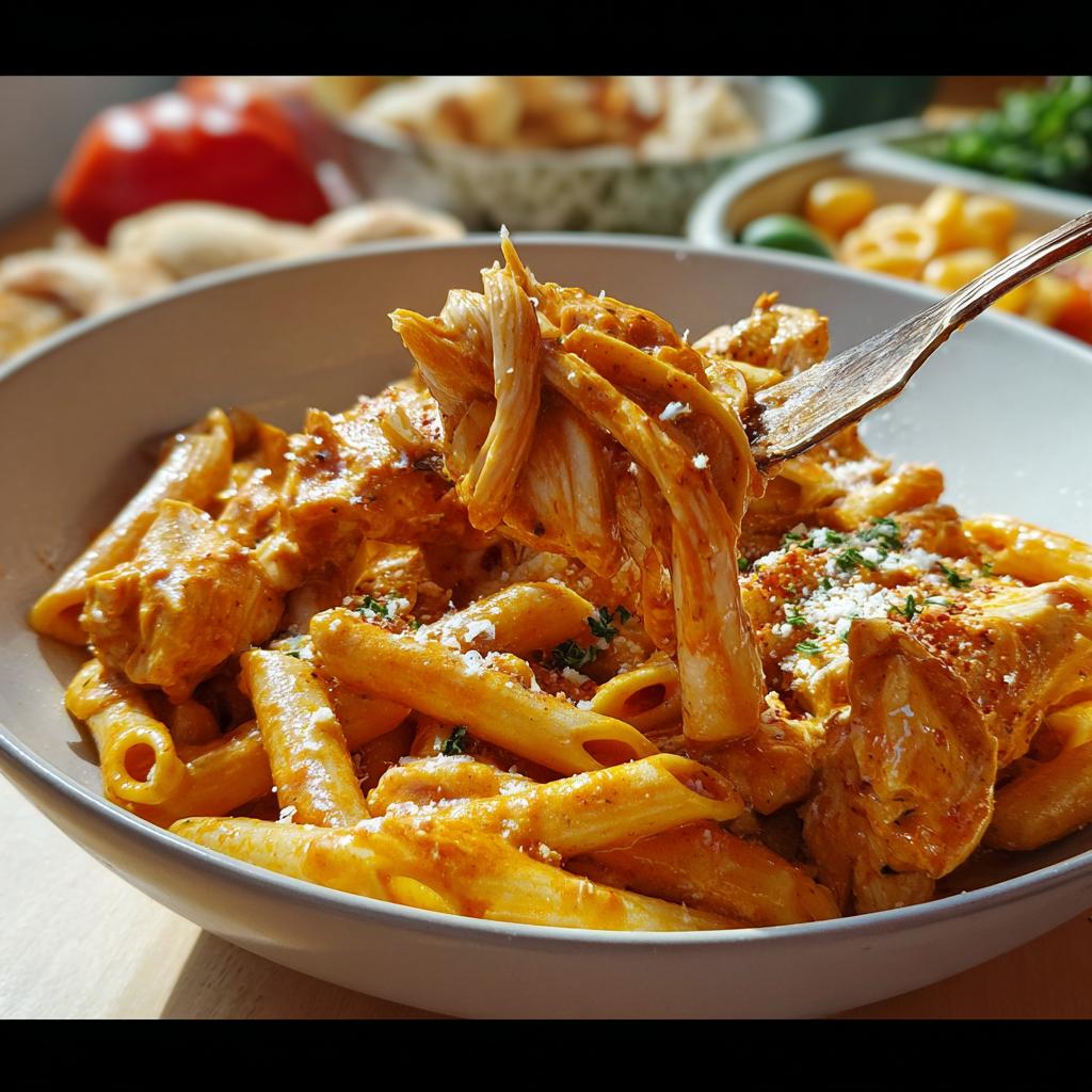 A fork lifting a generous portion of Crock Pot Creamy Cajun Chicken Pasta, showing shredded chicken and penne pasta coated in a rich, orange sauce.