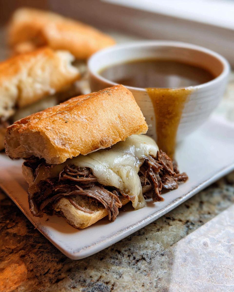 A close-up of a Crockpot French Dip Sandwich with melted cheese and a side of au jus.