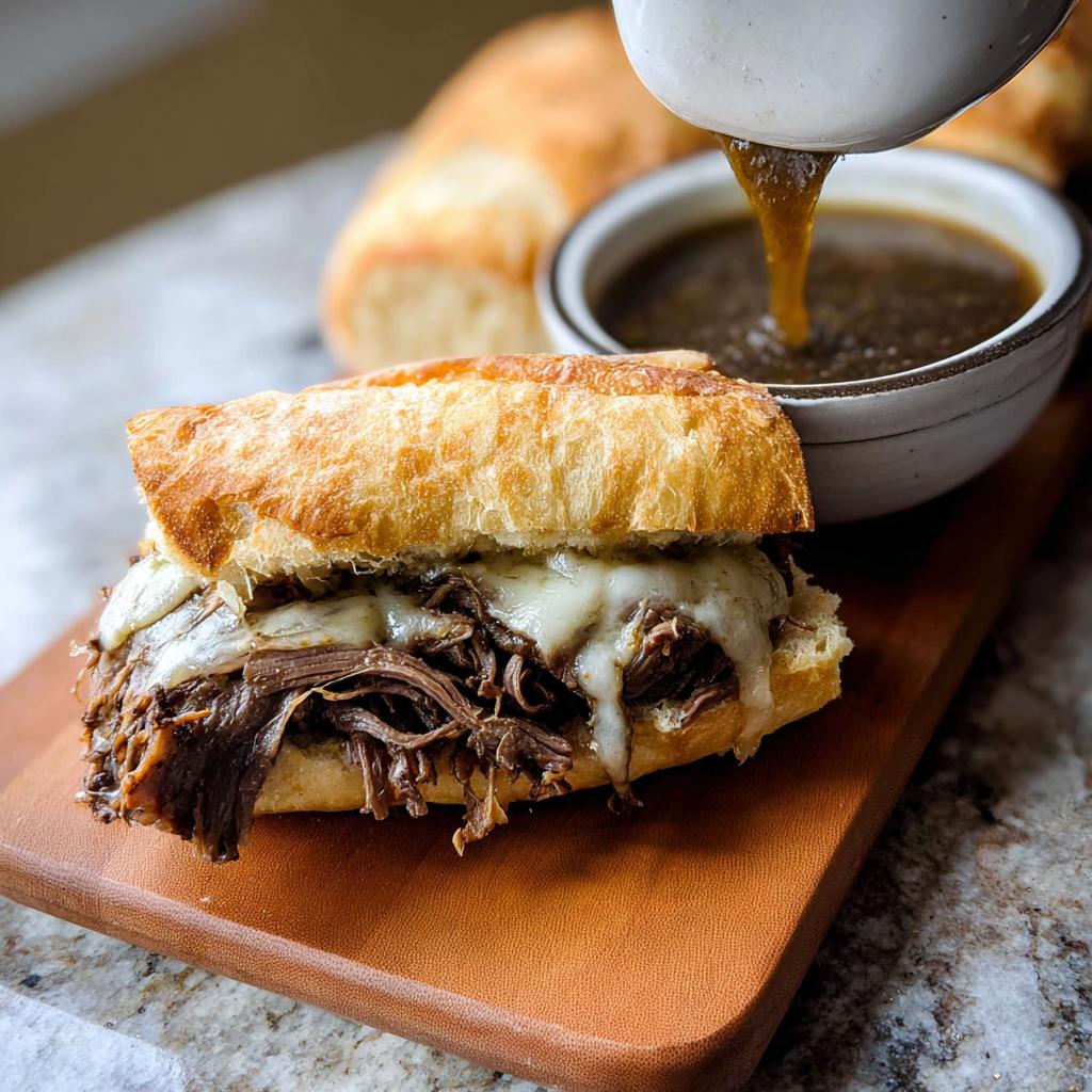 A mouthwatering Crockpot French Dip Sandwich overflowing with shredded beef and melted cheese, with au jus being poured.