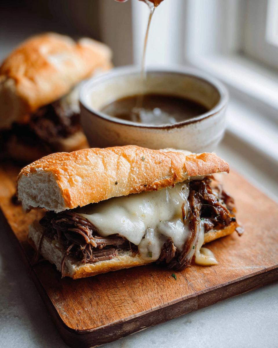 A close-up of a Crockpot French Dip Sandwich with melted cheese and a side of au jus.