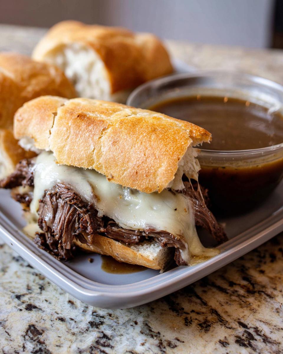 A close-up of a Crockpot French Dip Sandwich with melted provolone cheese and shredded beef on a toasted roll, served with au jus.