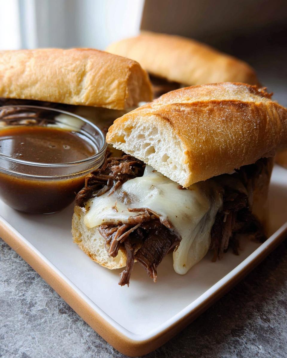 Two Crockpot French Dip Sandwiches piled high with shredded beef and melted cheese, served with a side of au jus.