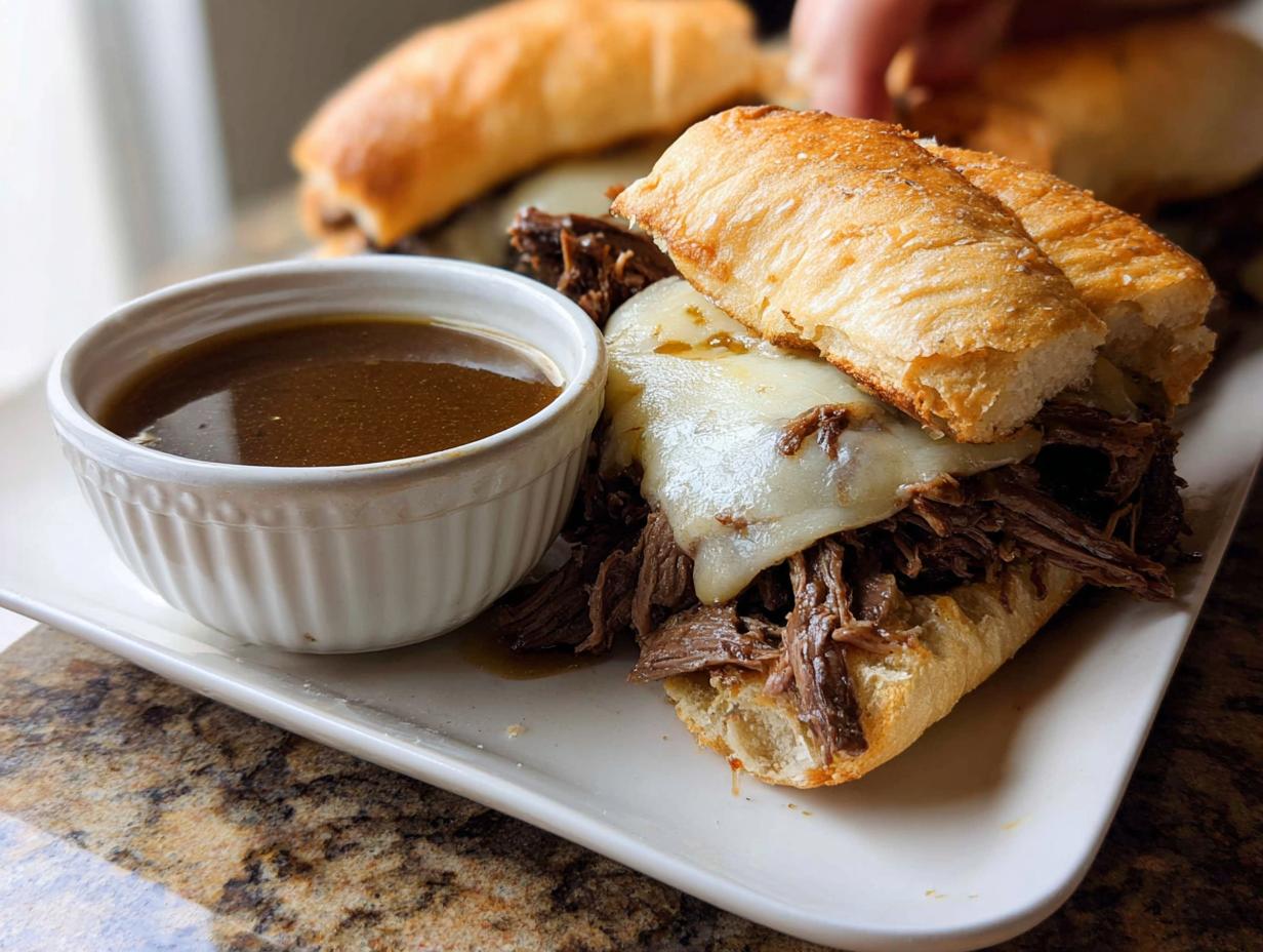 Close-up of a Crockpot French Dip Sandwich with melted cheese and a side of au jus.