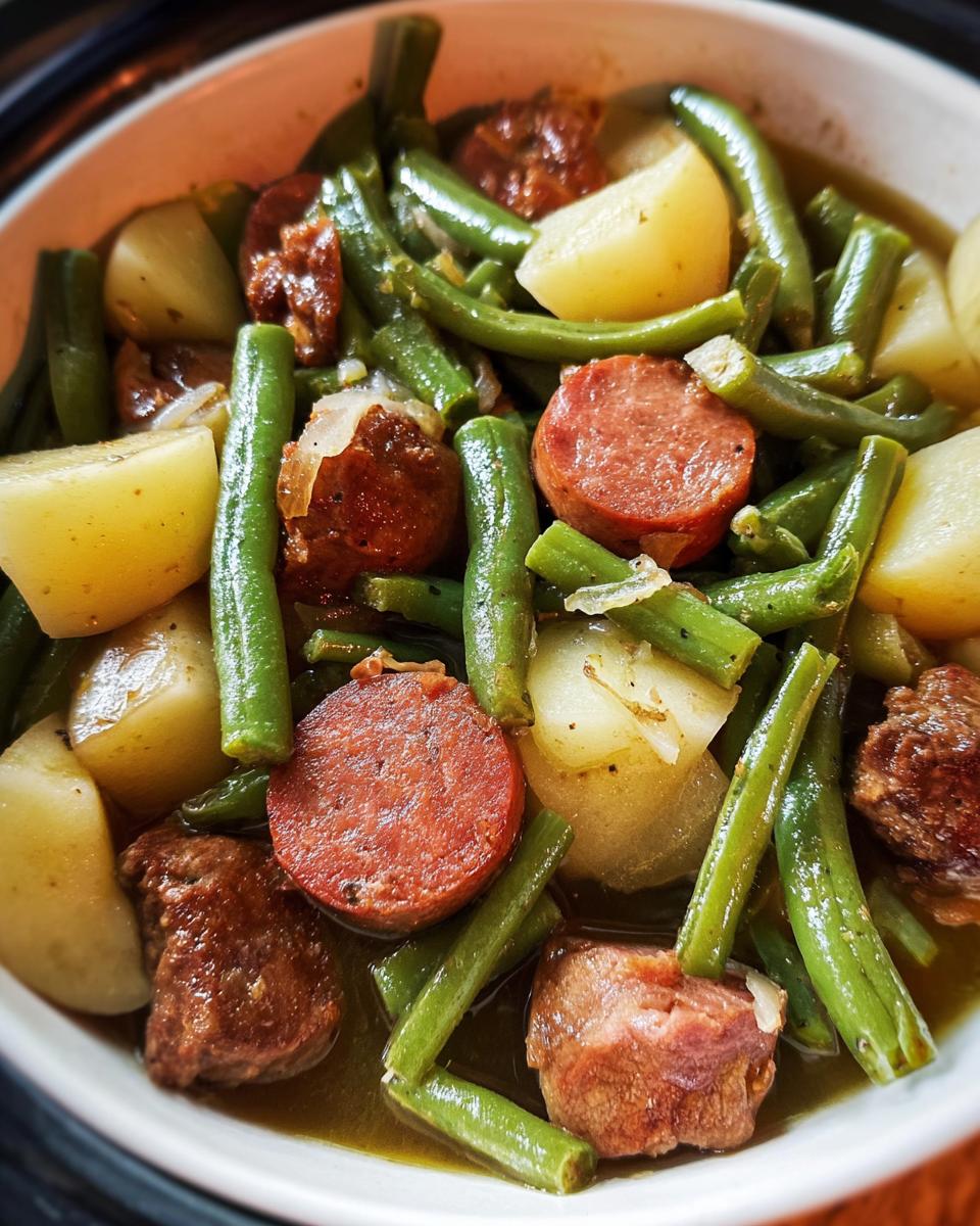 A close-up view of Crockpot Kielbasa and Green Beans with potatoes and onions in a white bowl.