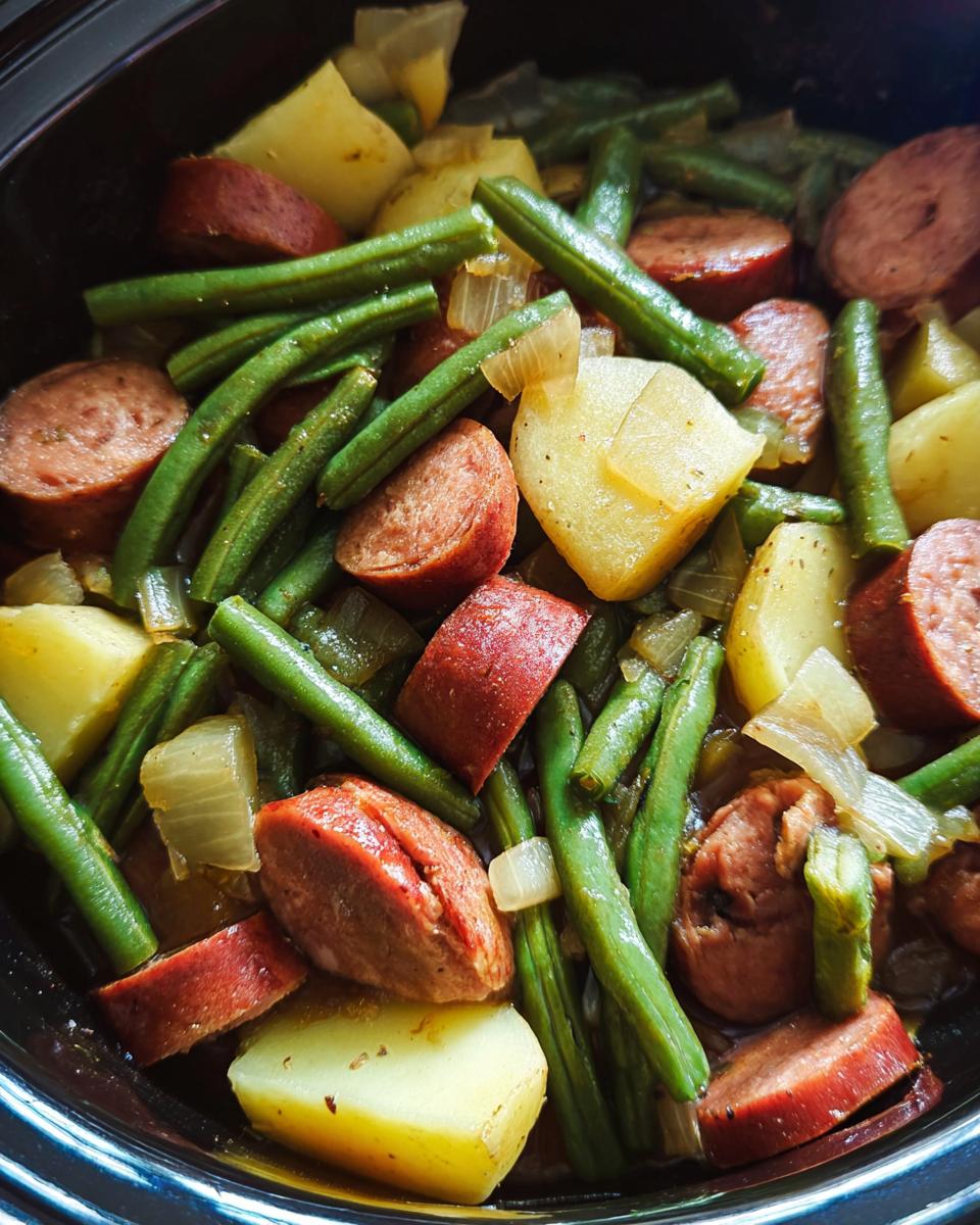 Close-up of Crockpot Kielbasa and Green Beans with potatoes and onions in a slow cooker.
