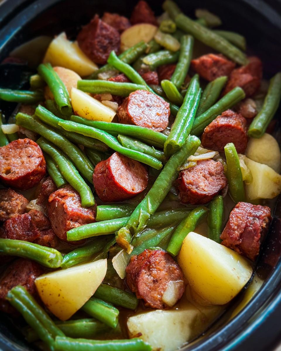 Close-up of Crockpot Kielbasa and Green Beans with potatoes in a slow cooker.