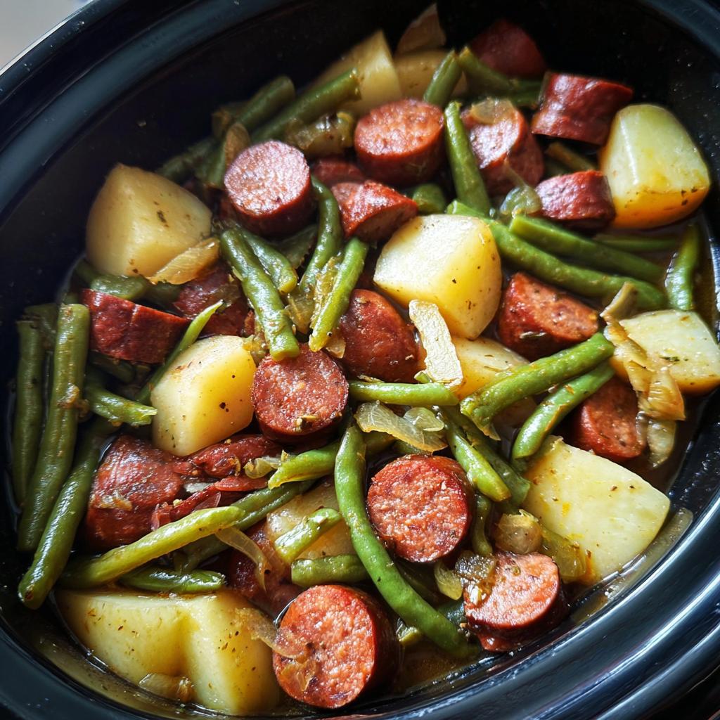A close-up overhead view of Crockpot Kielbasa and Green Beans with potatoes and onions in a black slow cooker.