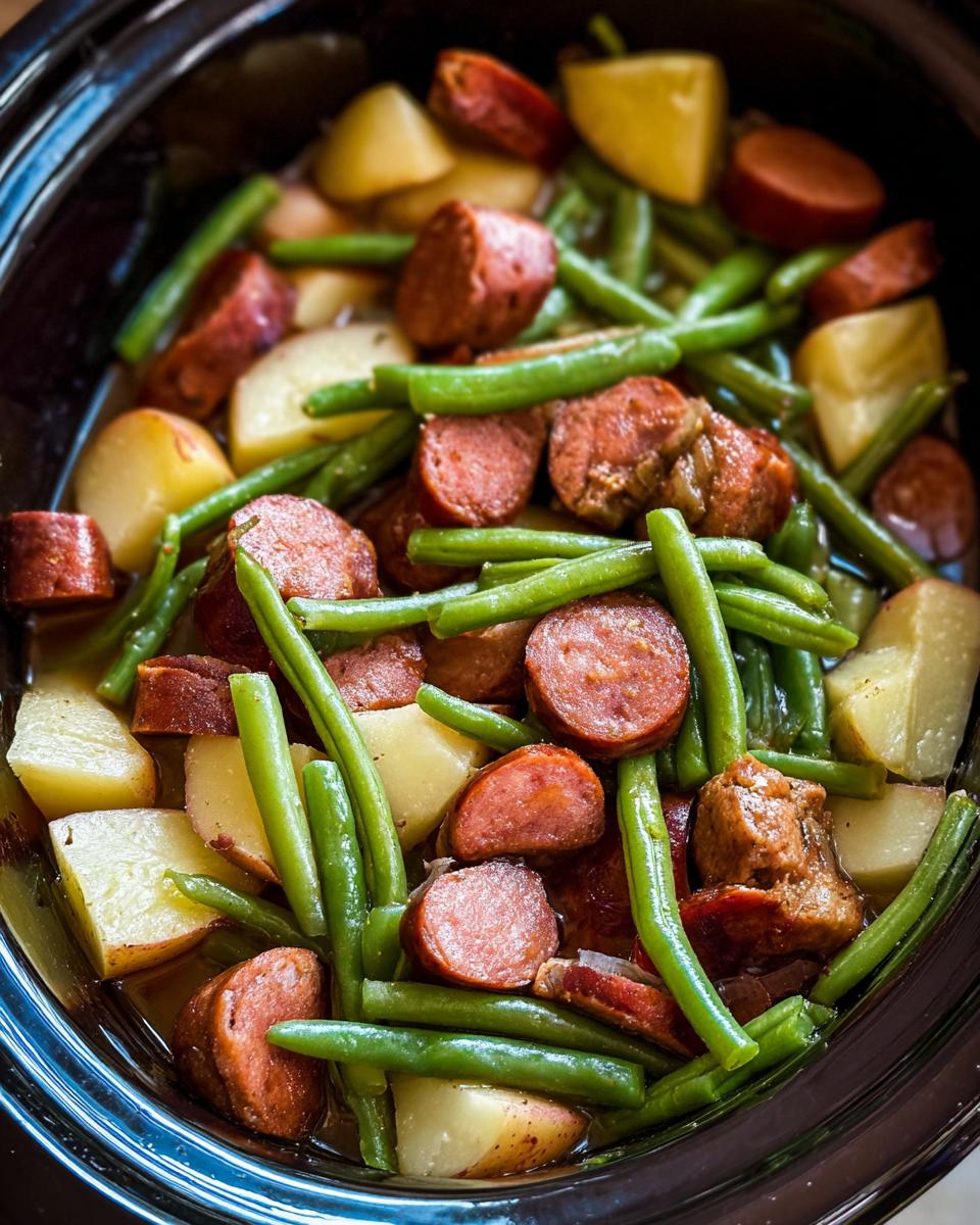 Close-up of Crockpot Kielbasa and Green Beans with potatoes in a slow cooker.