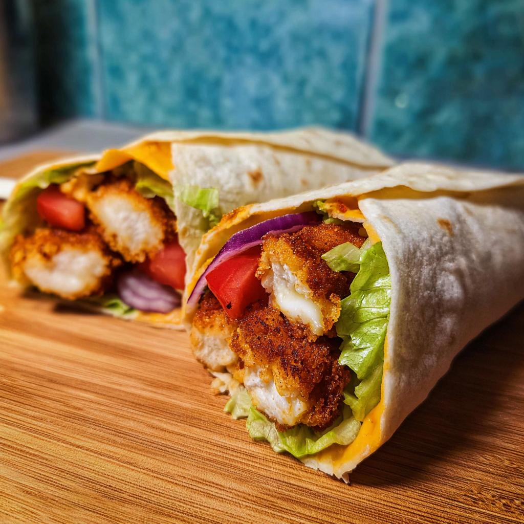 Two Crunchy Crispy Air Fryer Chicken & Mozzarella Wraps filled with lettuce, tomato, onion, and melted cheese on a wooden board.