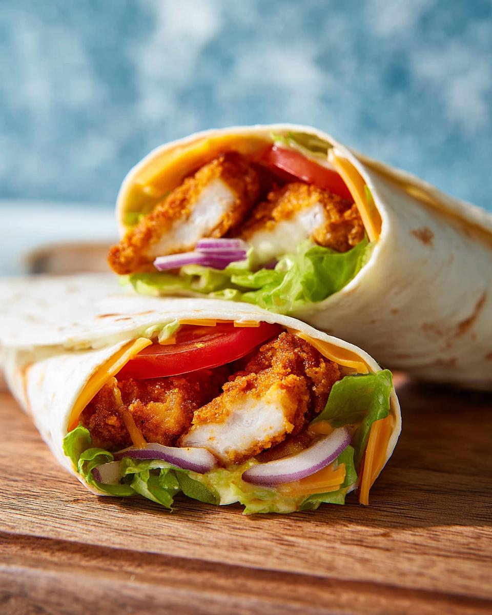 Two Crunchy Crispy Air Fryer Chicken & Mozzarella Wraps filled with lettuce, tomato, red onion, and cheese.