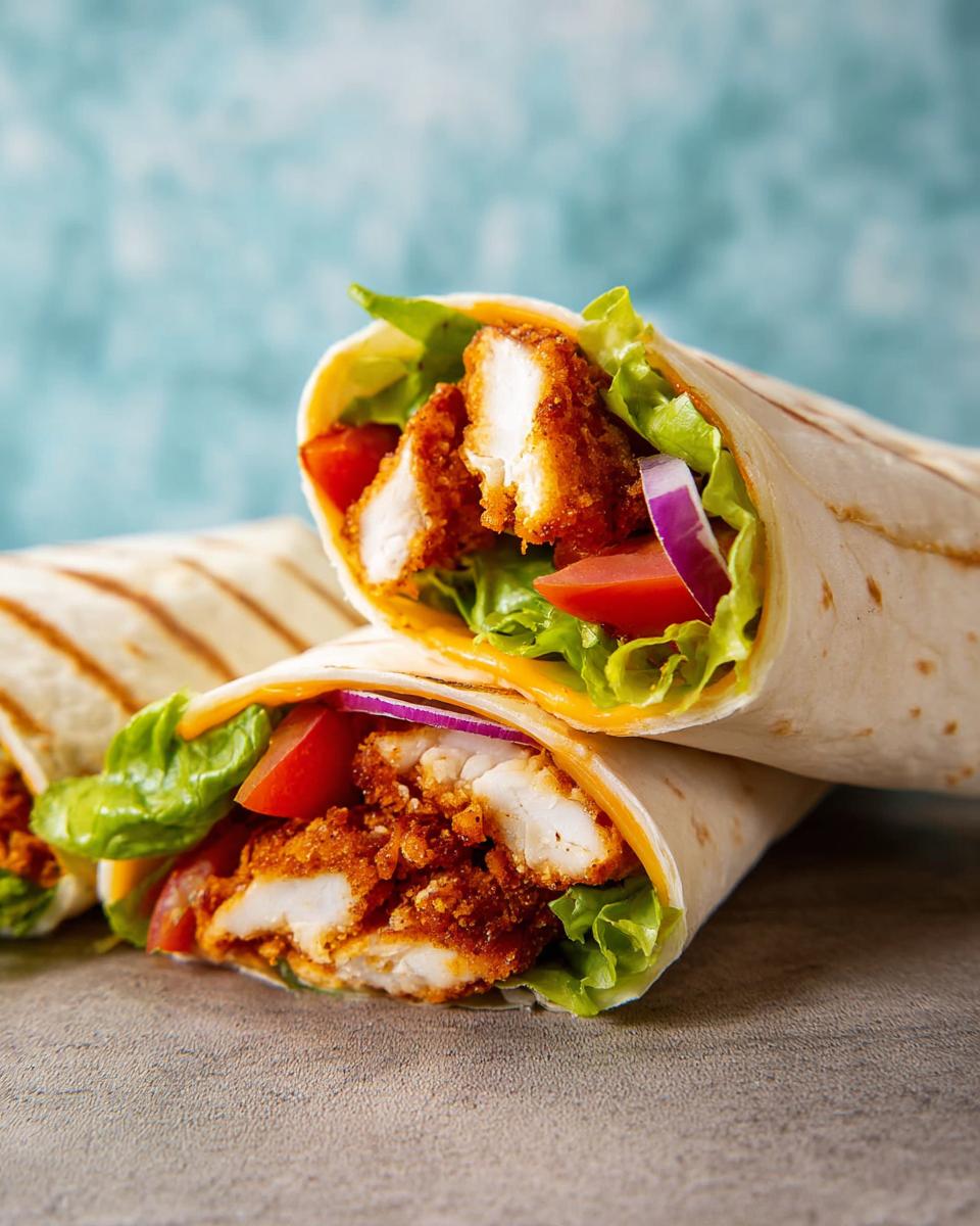 Close-up of two Crunchy Crispy Air Fryer Chicken & Mozzarella Wraps filled with chicken, lettuce, tomato, and onion.