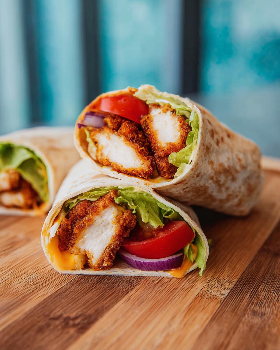 Close-up of two Crunchy Crispy Air Fryer Chicken & Mozzarella Wraps filled with lettuce, tomato, red onion, and melted cheese.