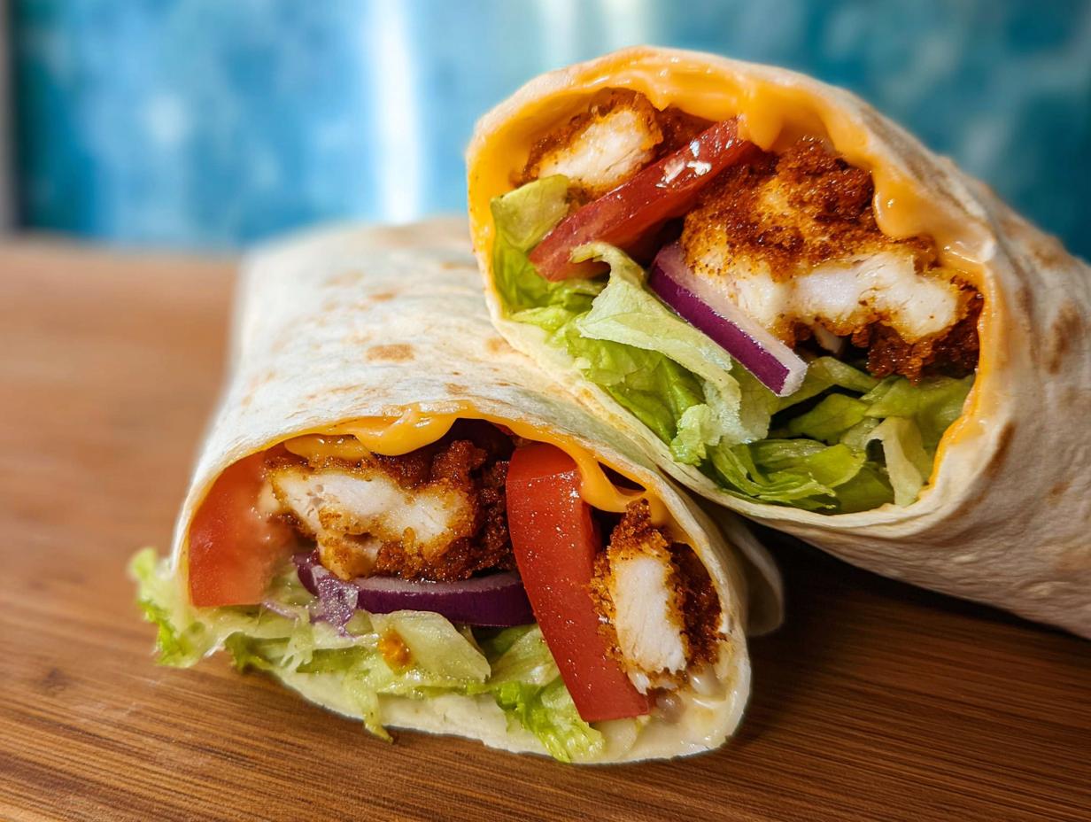 Two halves of Crunchy Crispy Air Fryer Chicken & Mozzarella Wraps filled with lettuce, tomato, red onion, and melted cheese.