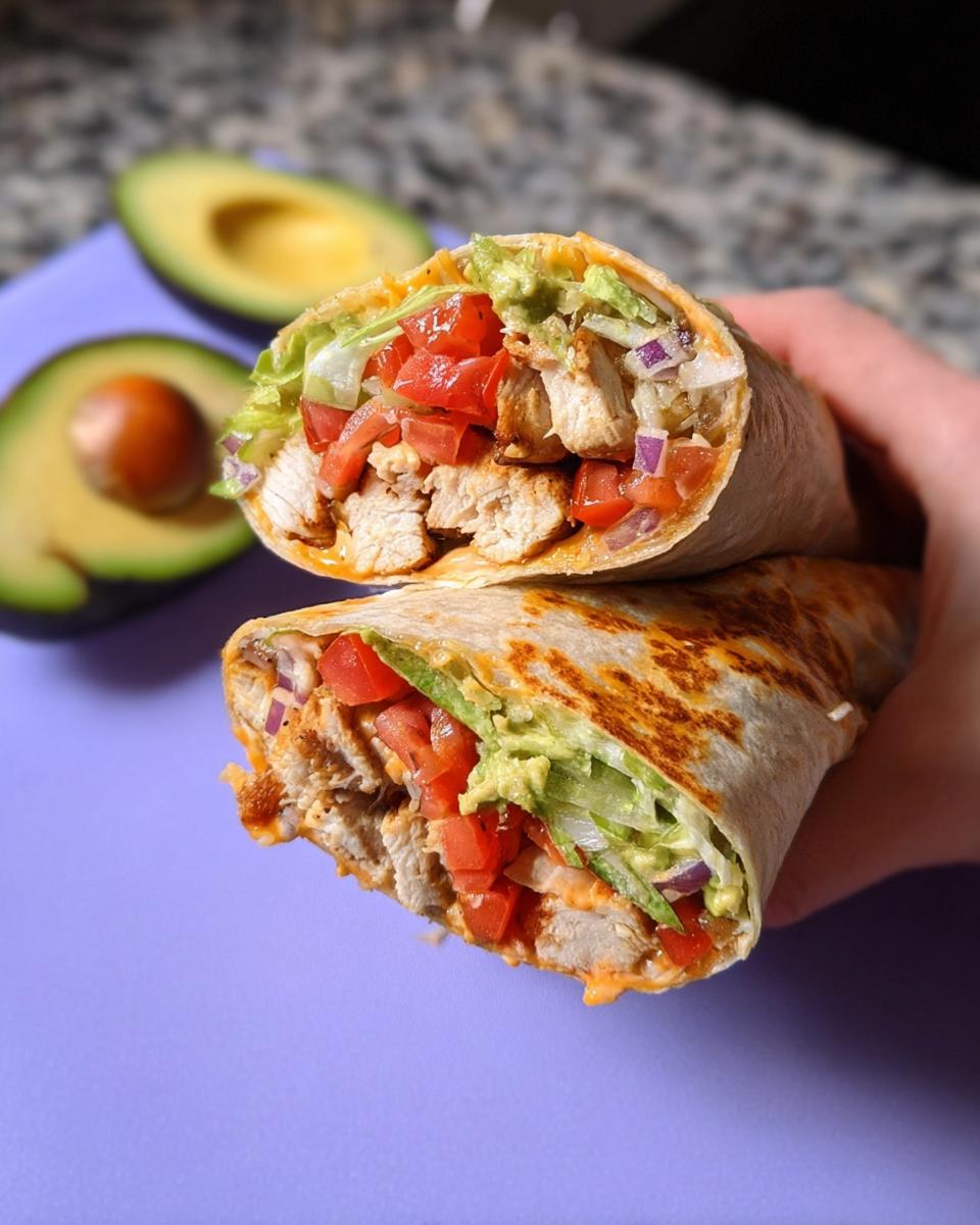 A halved Easy Chipotle Ranch Grilled Chicken Burrito filled with chicken, lettuce, tomatoes, avocado, and red onion.