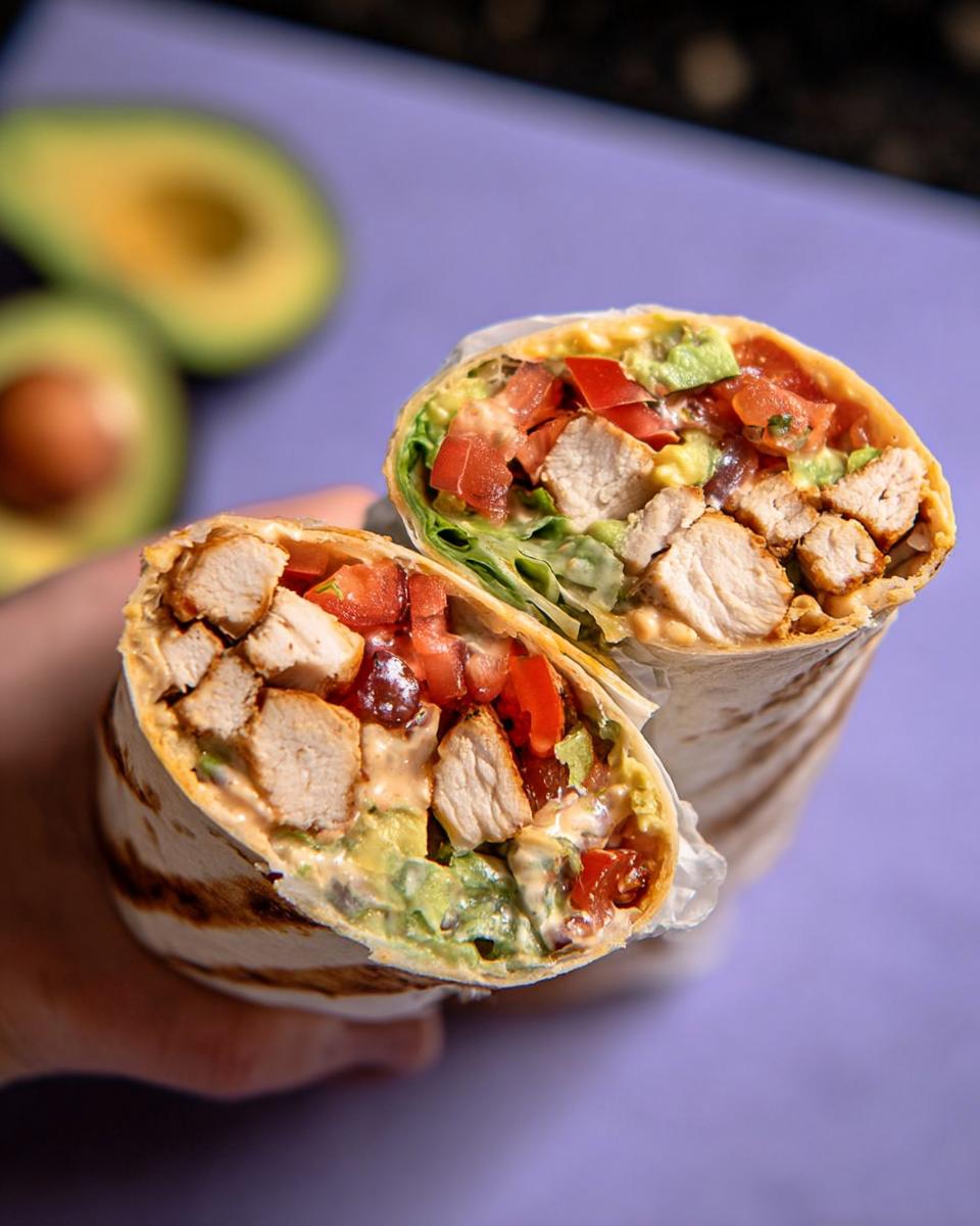 A halved Easy Chipotle Ranch Grilled Chicken Burrito filled with chicken, avocado, tomatoes, and lettuce.