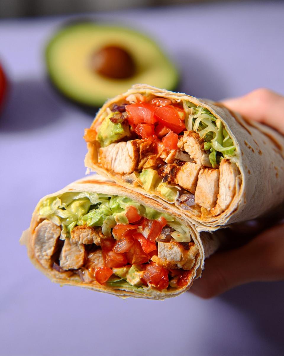 A halved Easy Chipotle Ranch Grilled Chicken Burrito showing tender chicken, avocado, tomatoes, and lettuce.
