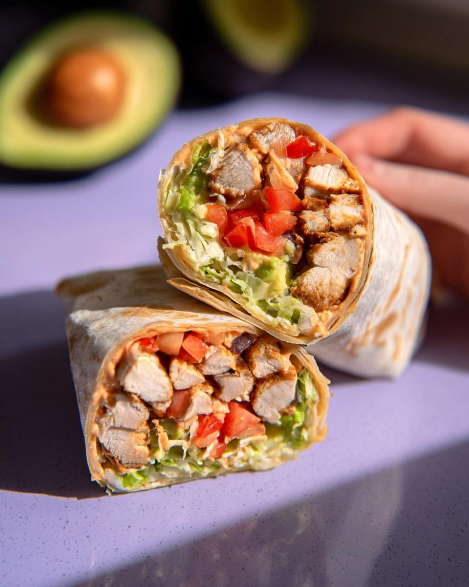 Close-up of an Easy Chipotle Ranch Grilled Chicken Burrito cut in half, showing grilled chicken, lettuce, tomato, and avocado.