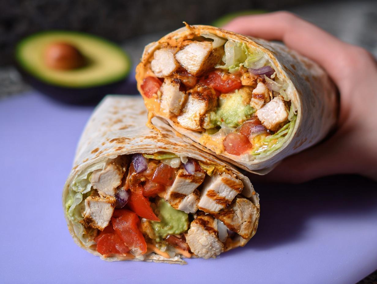 A halved Easy Chipotle Ranch Grilled Chicken Burrito showing grilled chicken, avocado, tomatoes, lettuce, and red onion.