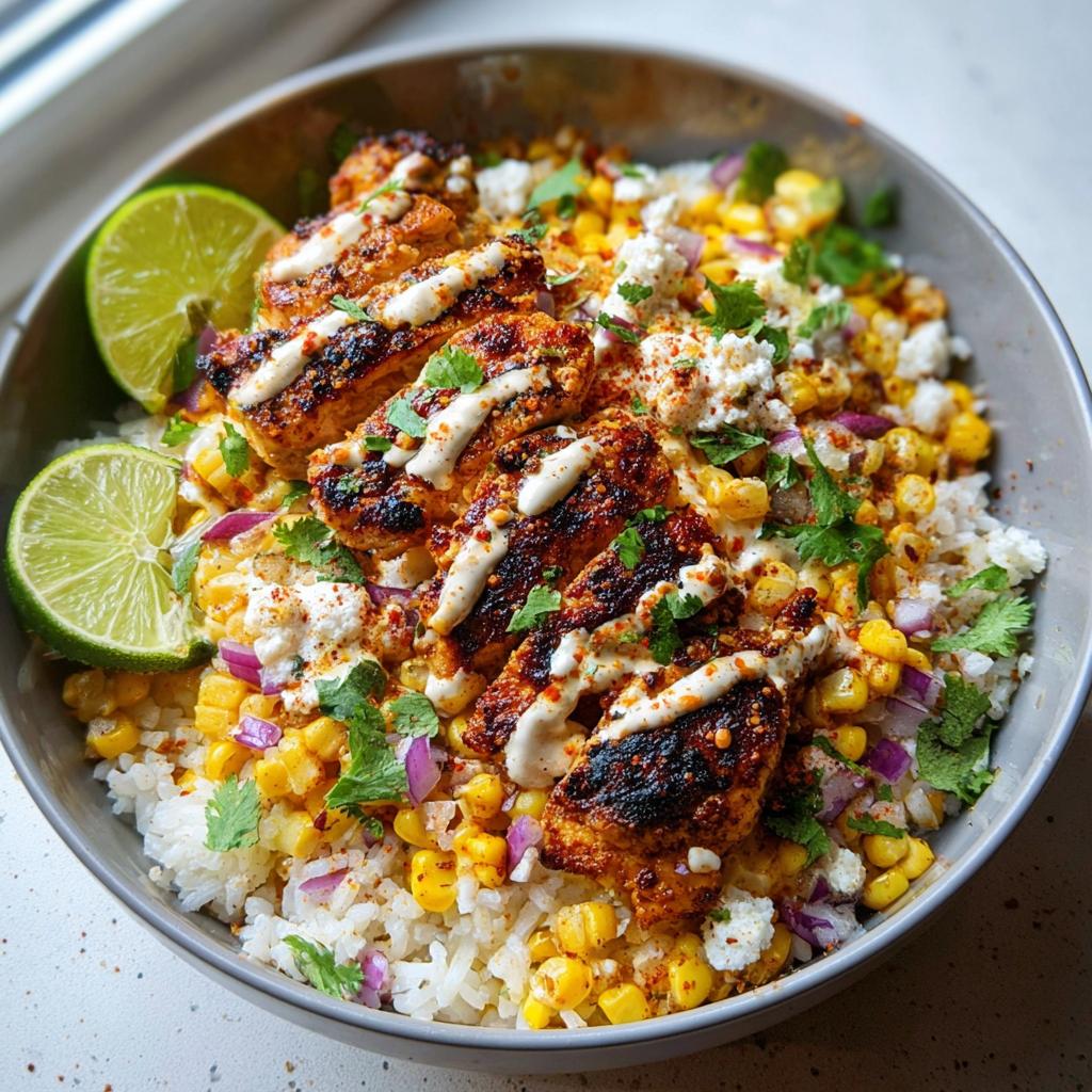 A close-up of an Easy Street Corn Chicken Bowl topped with grilled chicken, corn, cilantro, crumbled cheese, and lime wedges.