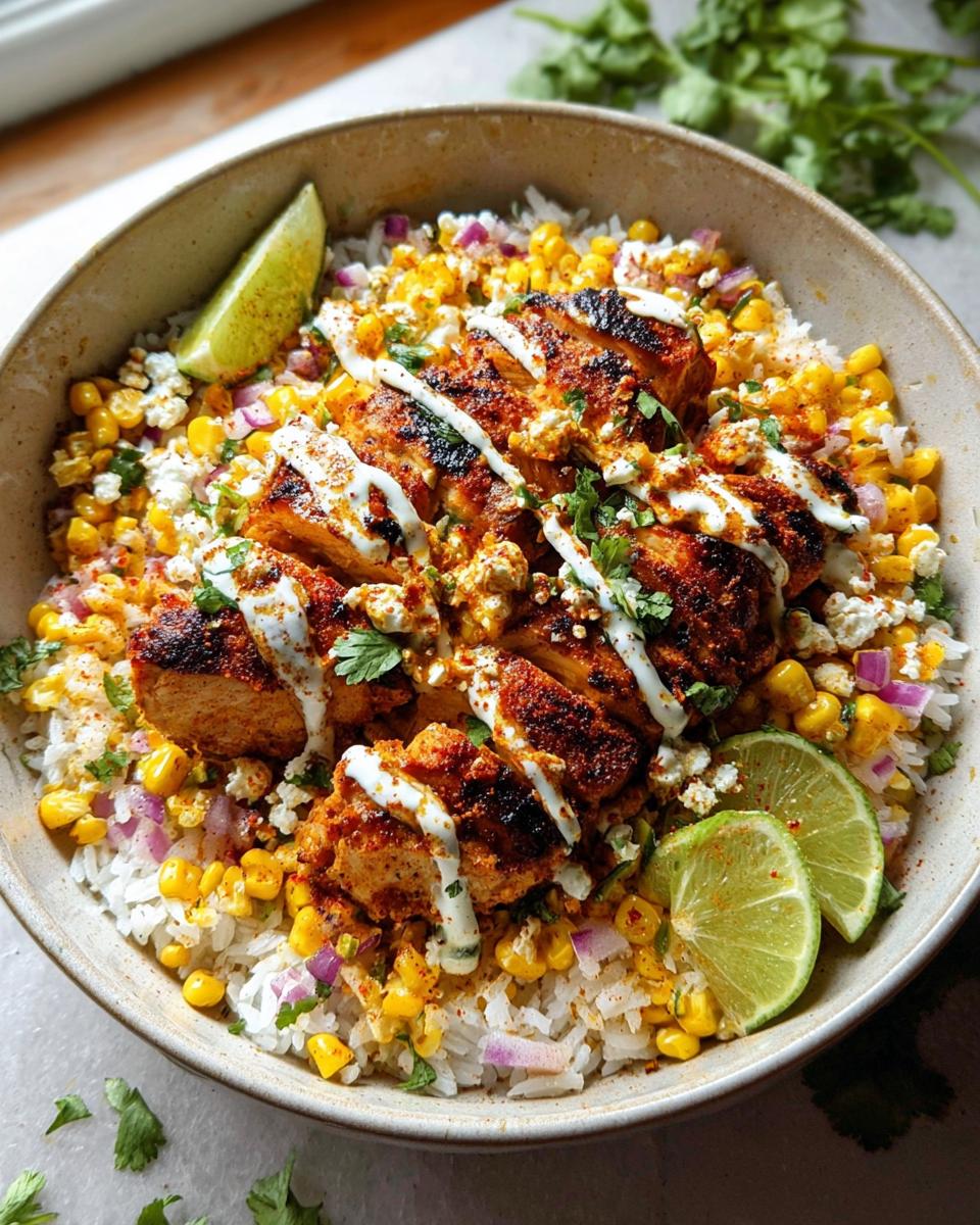 A vibrant Easy Street Corn Chicken Bowl filled with rice, corn, chicken, and lime wedges.