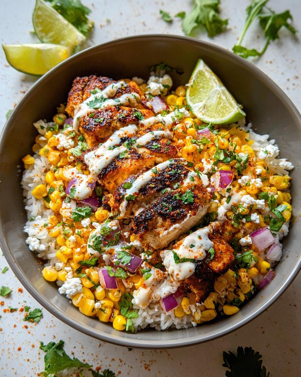 A close-up of an Easy Street Corn Chicken Bowl featuring seasoned chicken, rice, corn, red onion, crumbled cheese, and a drizzle of crema, garnished with lime wedges and cilantro.