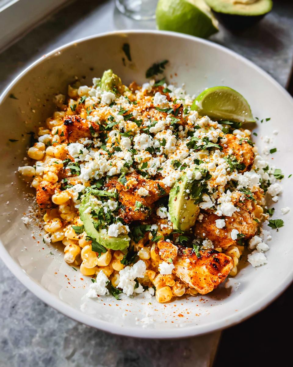 A close-up of an Easy Street Corn Chicken Bowl topped with avocado, crumbled cheese, cilantro, and lime wedges.