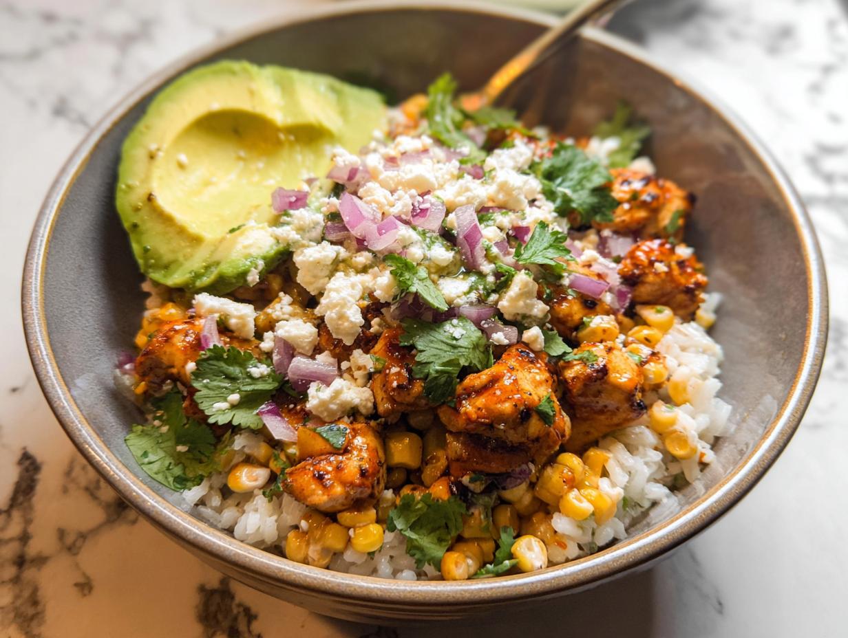 A delicious Easy Street Corn Chicken Bowl topped with avocado, crumbled cheese, red onion, and cilantro.