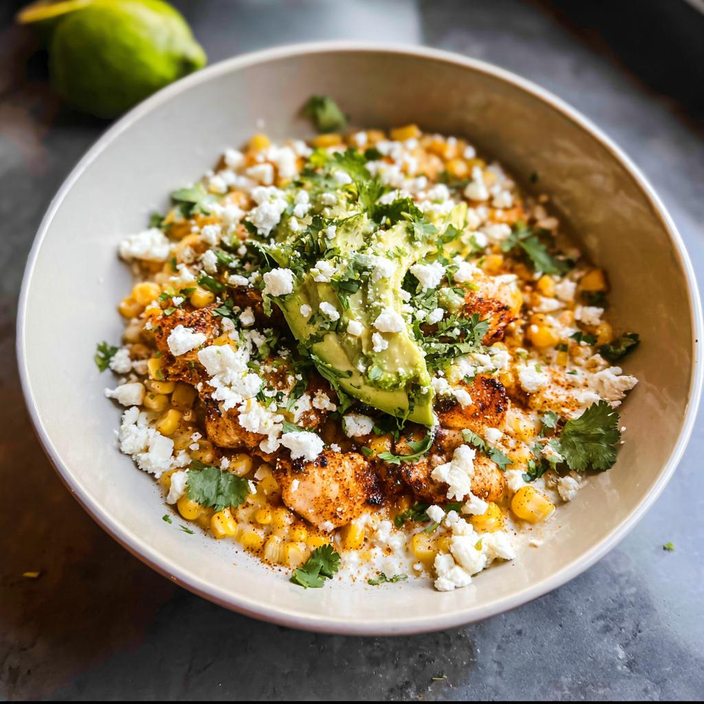 A close-up of an Easy Street Corn Chicken Bowl topped with avocado slices, crumbled feta cheese, and fresh cilantro.
