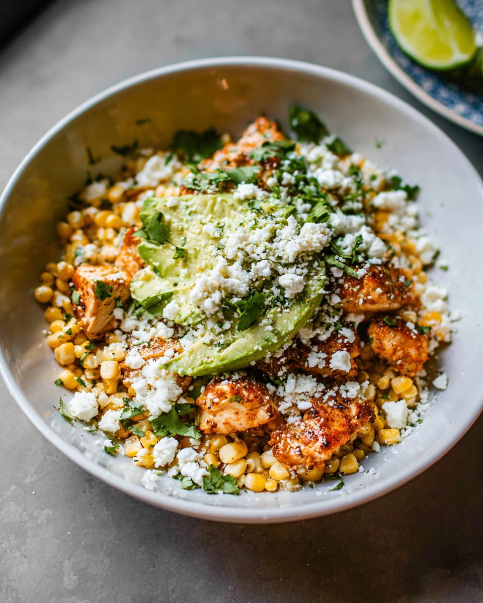 A close-up of an Easy Street Corn Chicken Bowl topped with avocado slices, crumbled cheese, and cilantro.