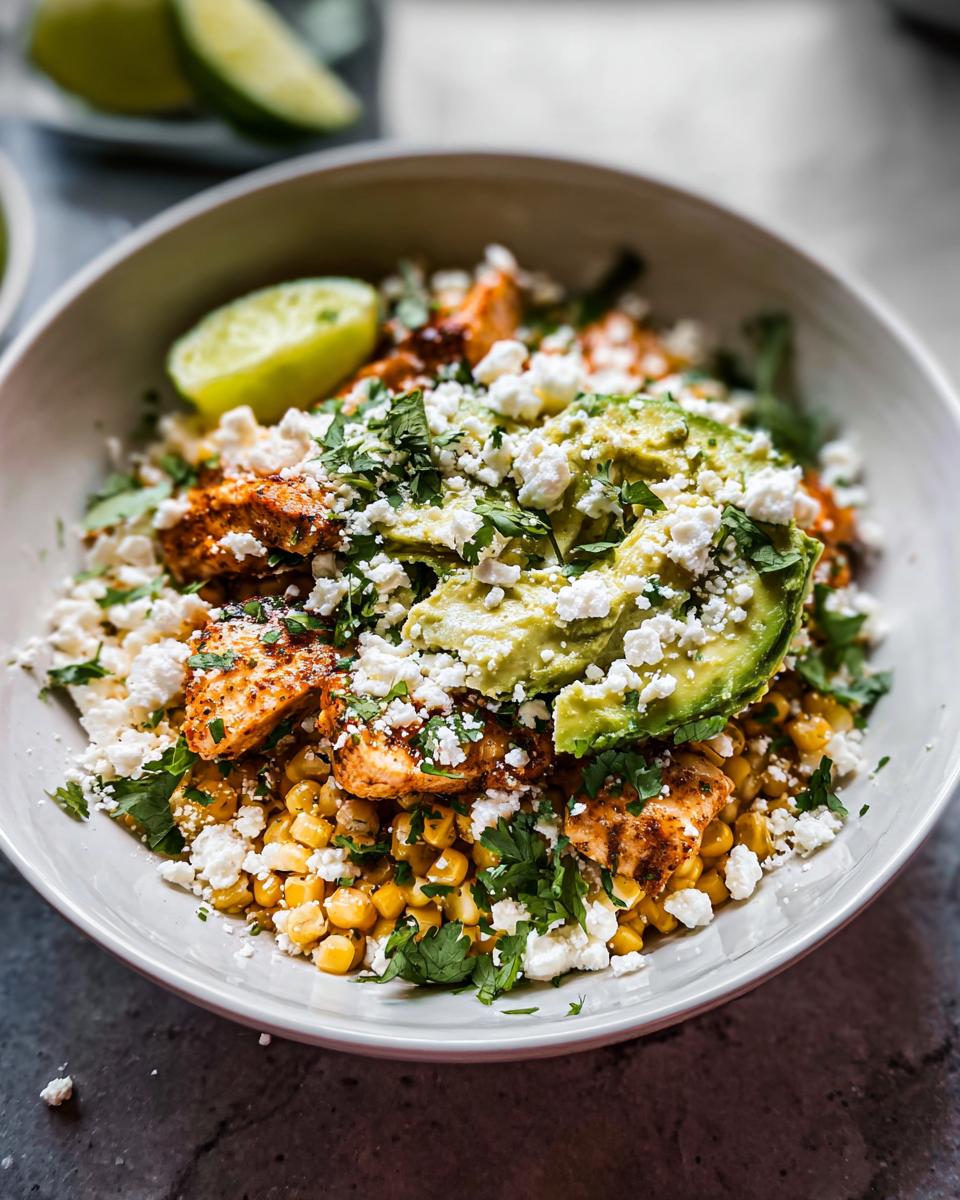 A vibrant Easy Street Corn Chicken Bowl topped with grilled chicken, avocado, crumbled cheese, cilantro, and lime wedges.