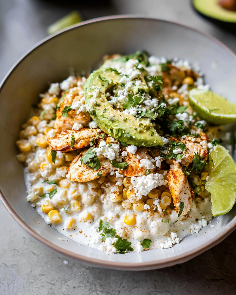 Close-up of an Easy Street Corn Chicken Bowl topped with sliced avocado, crumbled cheese, and cilantro.