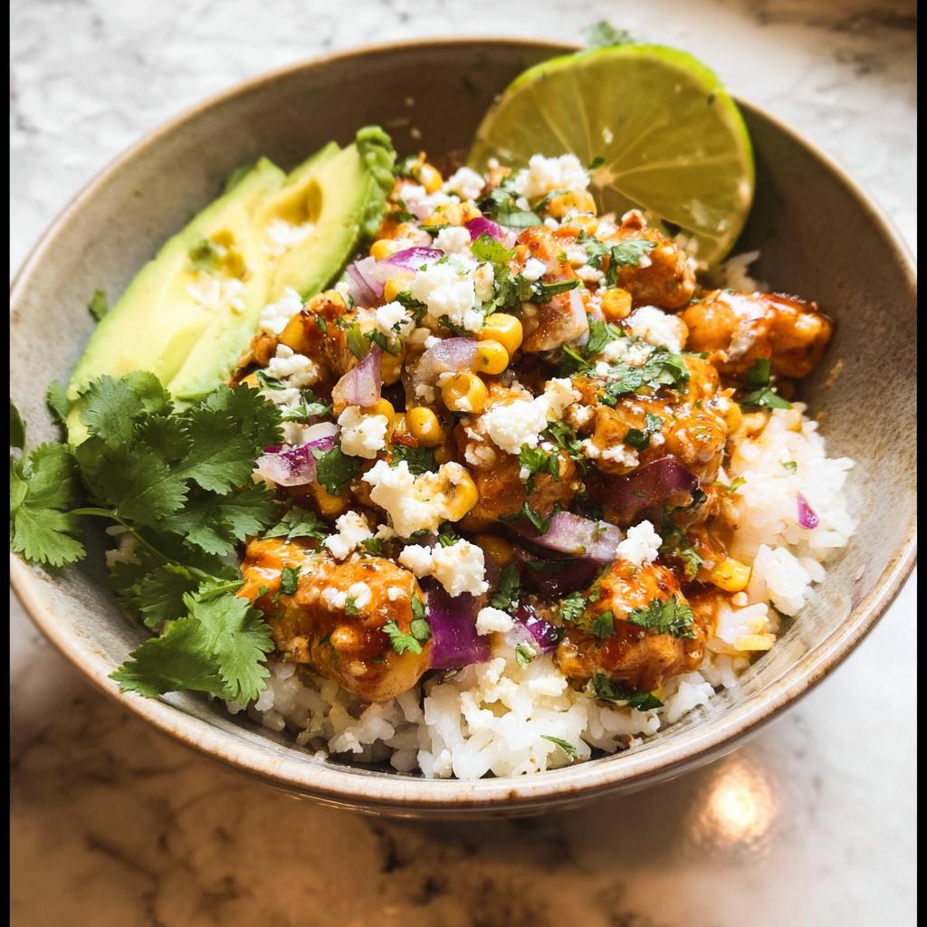 A delicious Easy Street Corn Chicken Bowl topped with crumbled cheese, red onion, cilantro, and served with avocado slices and lime.