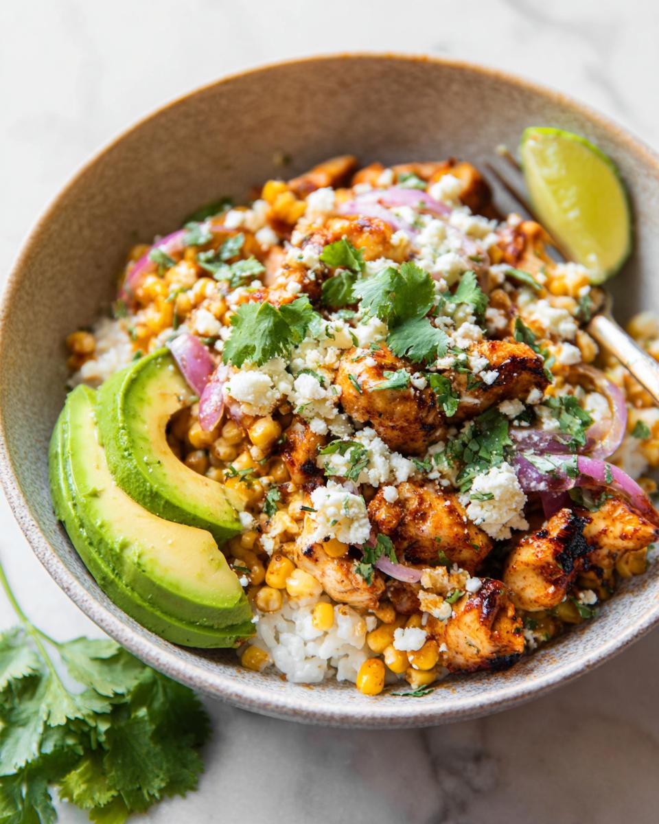 A delicious Easy Street Corn Chicken Bowl topped with avocado, crumbled cheese, cilantro, and lime.
