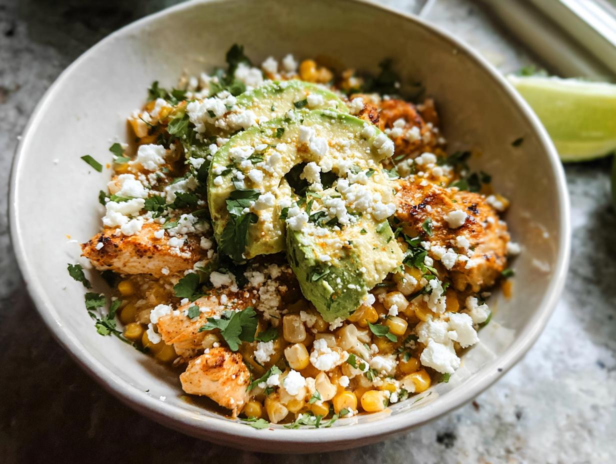 A close-up of an Easy Street Corn Chicken Bowl topped with sliced avocado, crumbled cheese, and fresh cilantro.