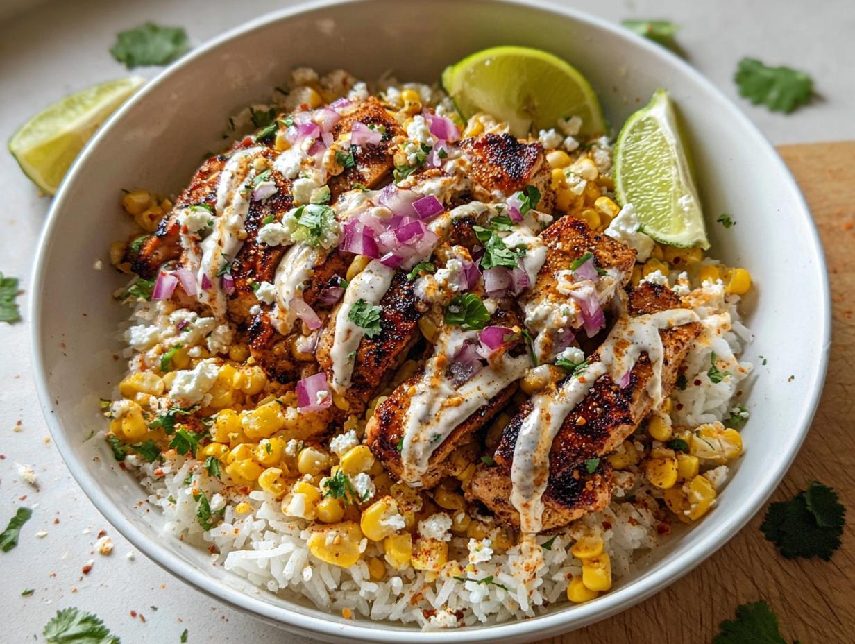 A vibrant Easy Street Corn Chicken Bowl featuring grilled chicken, corn, rice, crumbled cheese, red onion, and lime wedges.