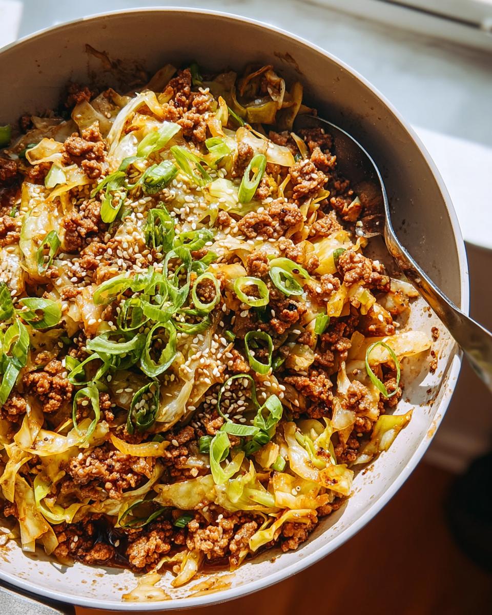 A close-up of a bowl filled with Egg Roll in a Bowl, topped with chopped green onions and sesame seeds.