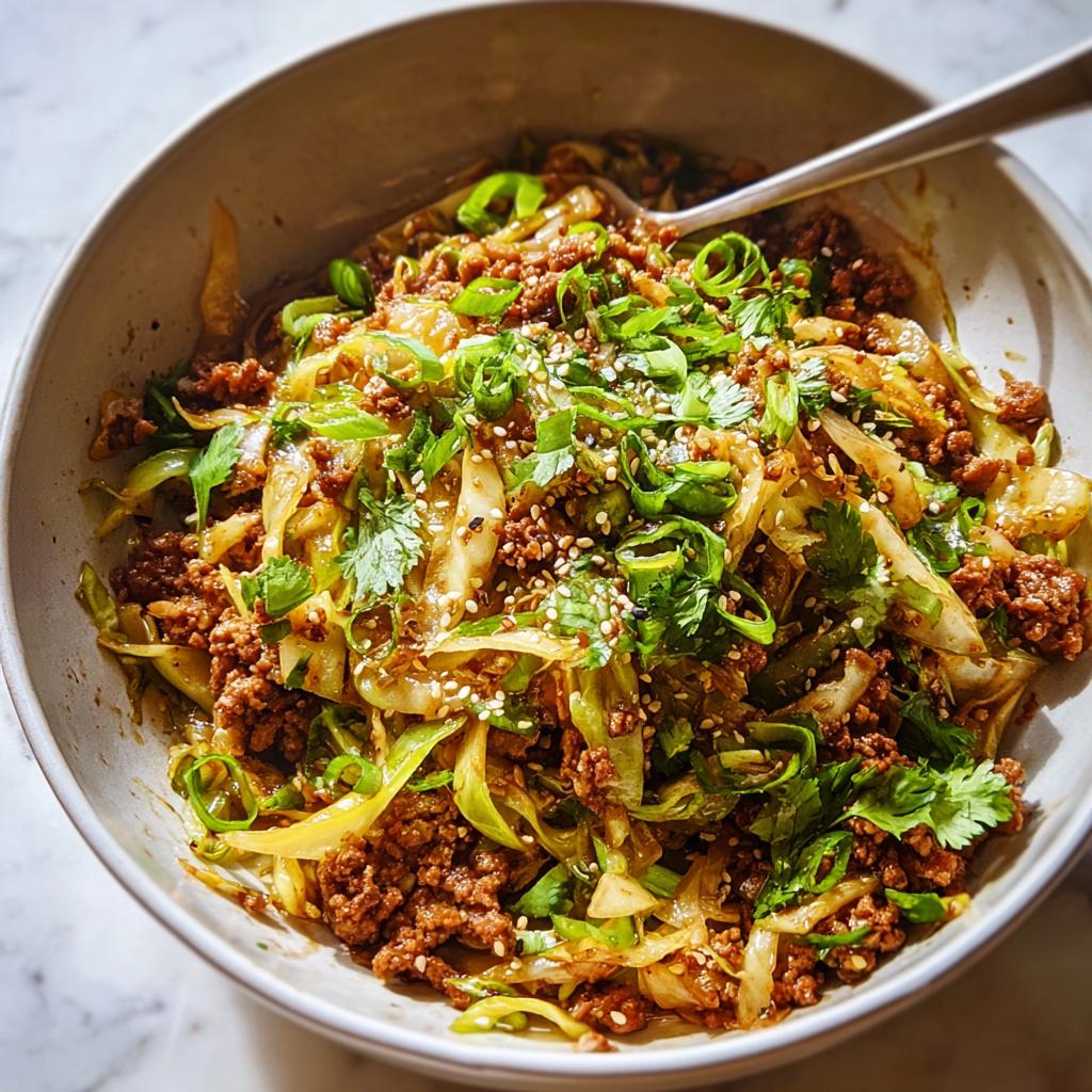 A close-up overhead view of a bowl filled with Egg Roll in a Bowl, featuring ground meat, cabbage, and green onions.