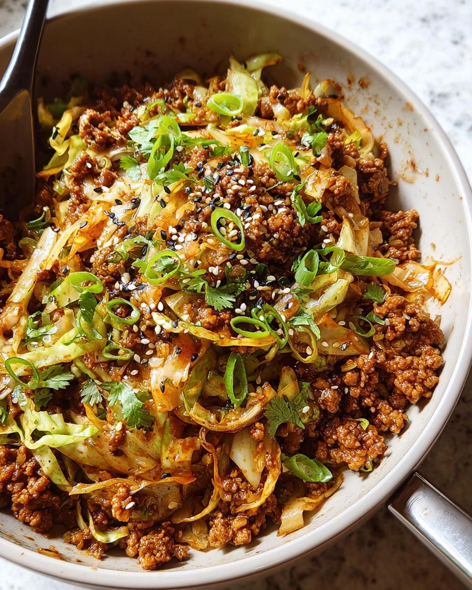 Close-up of a bowl filled with Egg Roll in a Bowl, featuring ground meat, cabbage, and green onions.