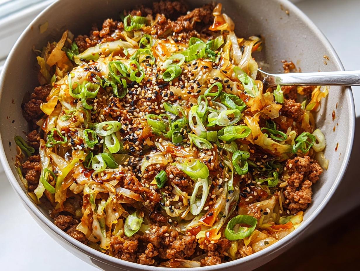 A close-up of a bowl filled with Egg Roll in a Bowl, featuring ground meat, cabbage, and green onions, topped with sesame seeds.