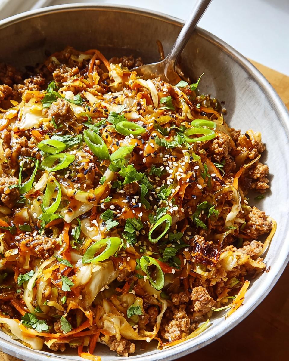 Close-up of a bowl filled with Egg Roll in a Bowl, featuring ground meat, cabbage, carrots, and green onions.