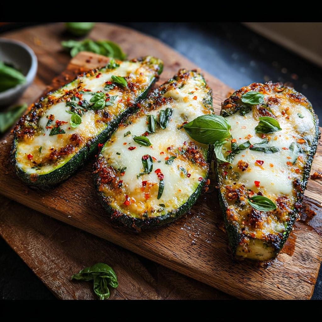 Three baked zucchini halves topped with melted cheese, herbs, and chili flakes, served on a wooden board.