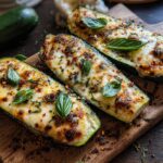 Three baked zucchini halves topped with melted cheese, herbs, and chili flakes, part of the Garlic Butter Steak & Zucchini Delight.