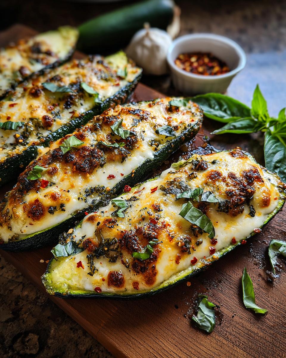 Close-up of baked zucchini halves filled with melted cheese and herbs, part of the Effortless Garlic Butter Steak & Zucchini Delight.