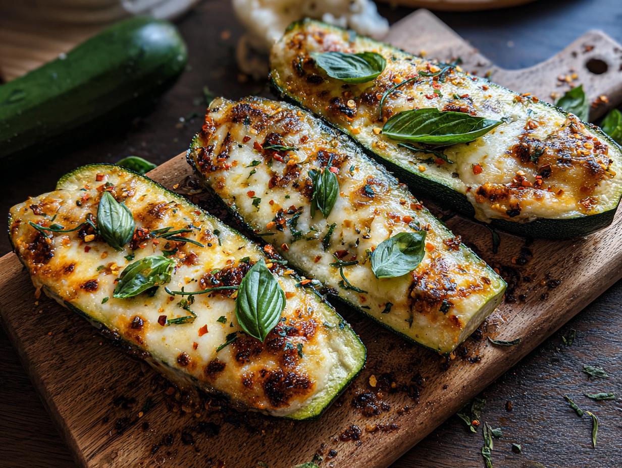 Three baked zucchini halves topped with melted cheese, herbs, and chili flakes, part of the Garlic Butter Steak & Zucchini Delight.